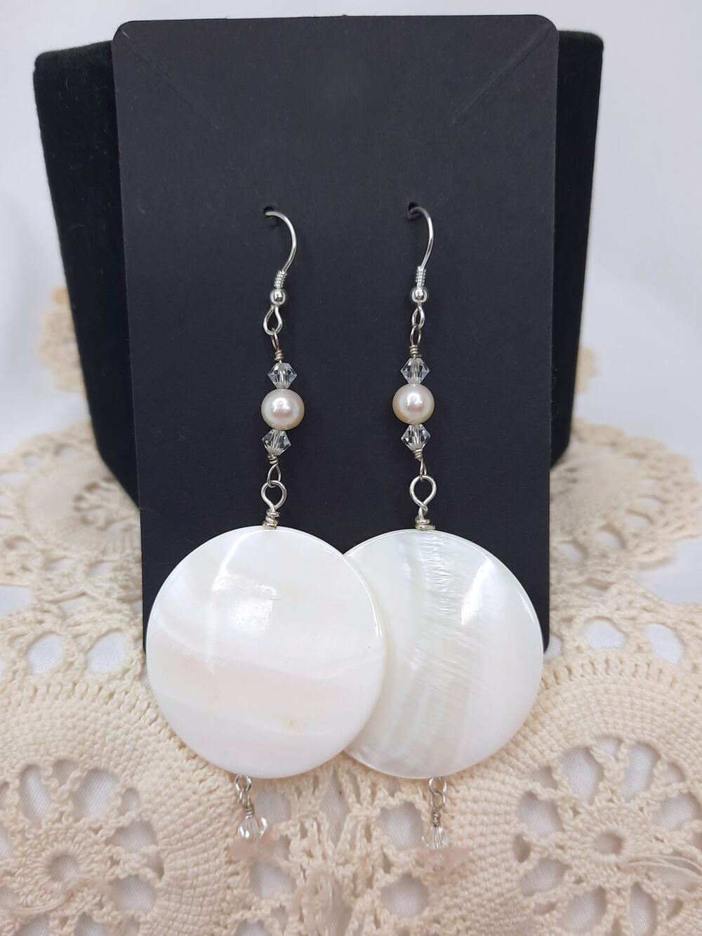 Mother of Pearl Disc Earrings Dangle Artisan Made Crystal Accents Silver Plated